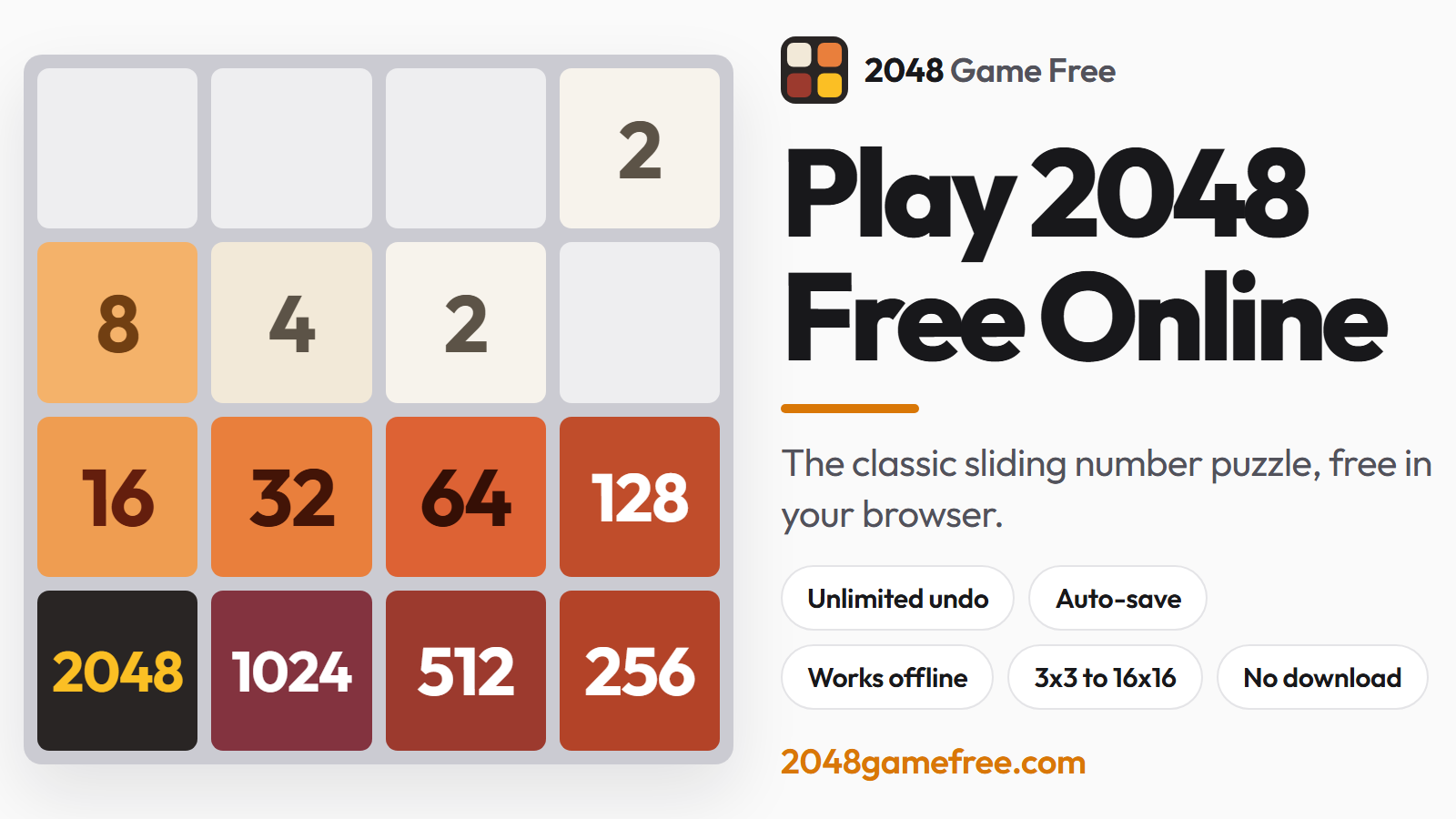 A finished 2048 game board with the 2048 tile locked in the bottom-left corner and a descending snake chain of 1024, 512, 256 and 128 tiles